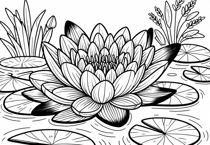 Лотосът се отваря в градинското езерце – безплатна оцветяваща страница