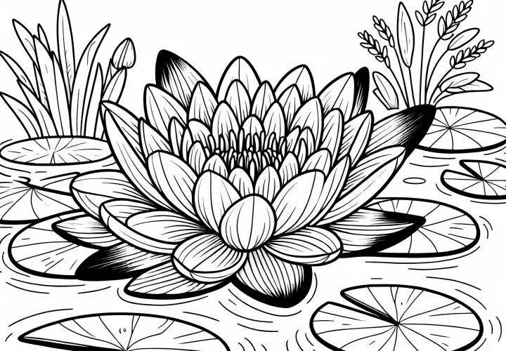 Lotos květina se otevírá na zahradním rybníku – omalovánka zdarma