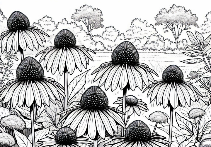 Няколко цветя с слънчеви шапки стоят едно до друго - Безплатна рисунка за оцветяване