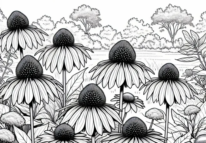 Více květin s klobouky na slunce stojí vedle sebe - Omalovánka zdarma