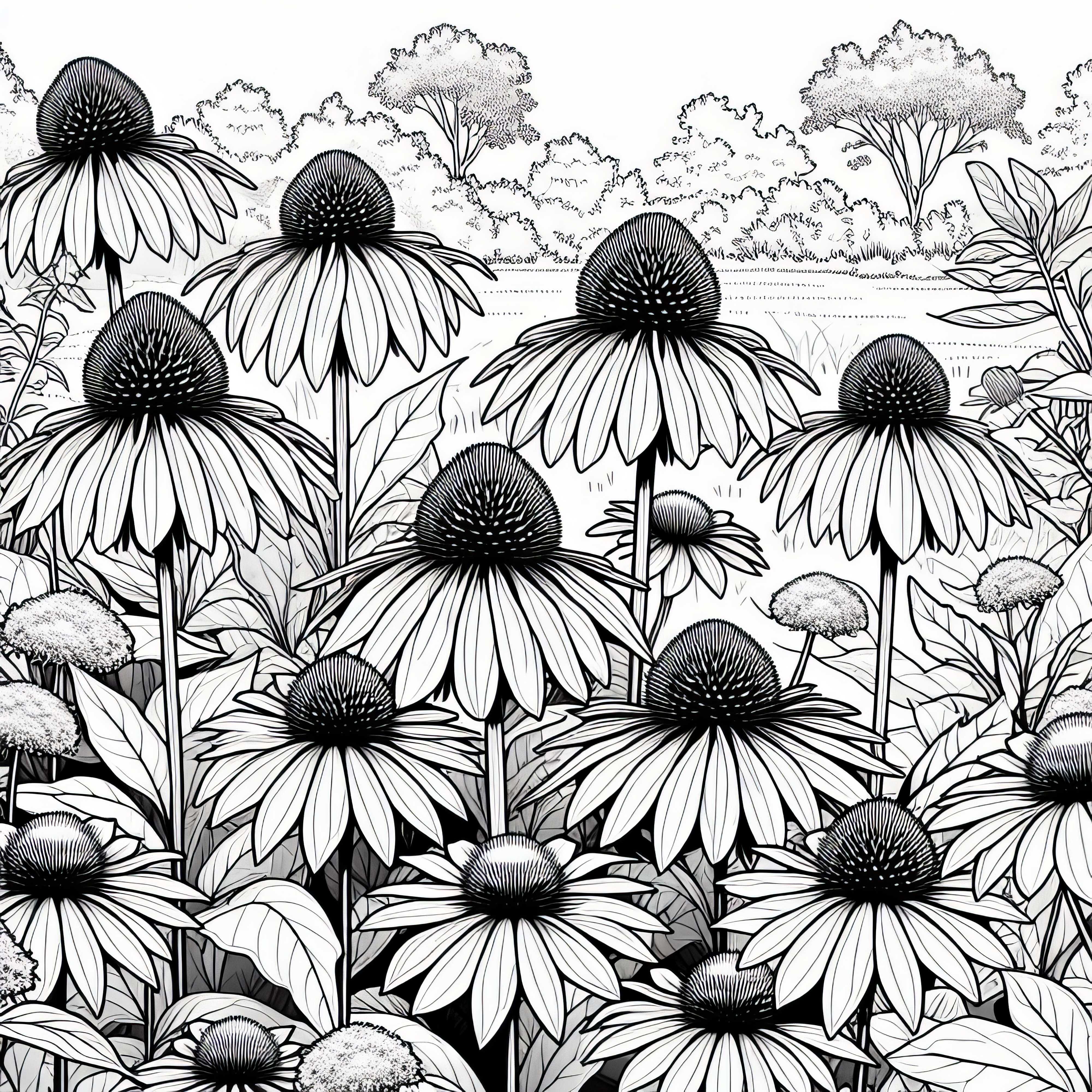 Няколко цветя с слънчеви шапки стоят едно до друго - Безплатна оцветяваща картина Няколко цветя с слънчеви шапки стоят до едно до друго - шаблон за оцветяване безплатно