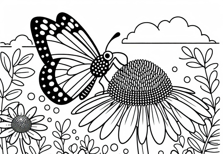 Пеперуда смуче нектар от цветето слънчоглед – безплатен шаблон за оцветяване