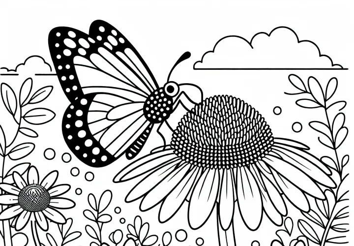 Motýl saje nektar z květu slunečníku – omalovánka zdarma
