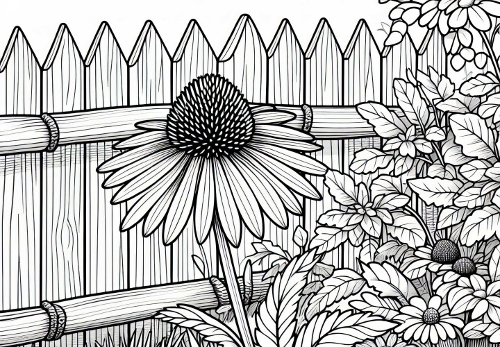 Цвете-слънчев шапка расте в градината – безплатна оцветяваща страница