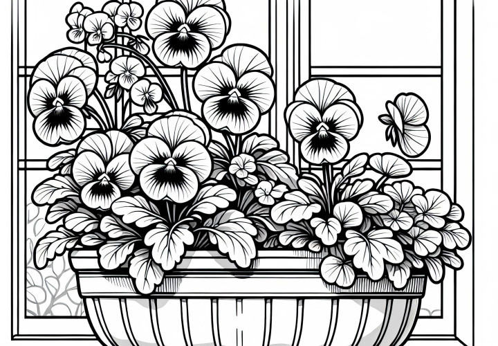 Several flowers: pansies are blooming in the planter by the window - free coloring page
