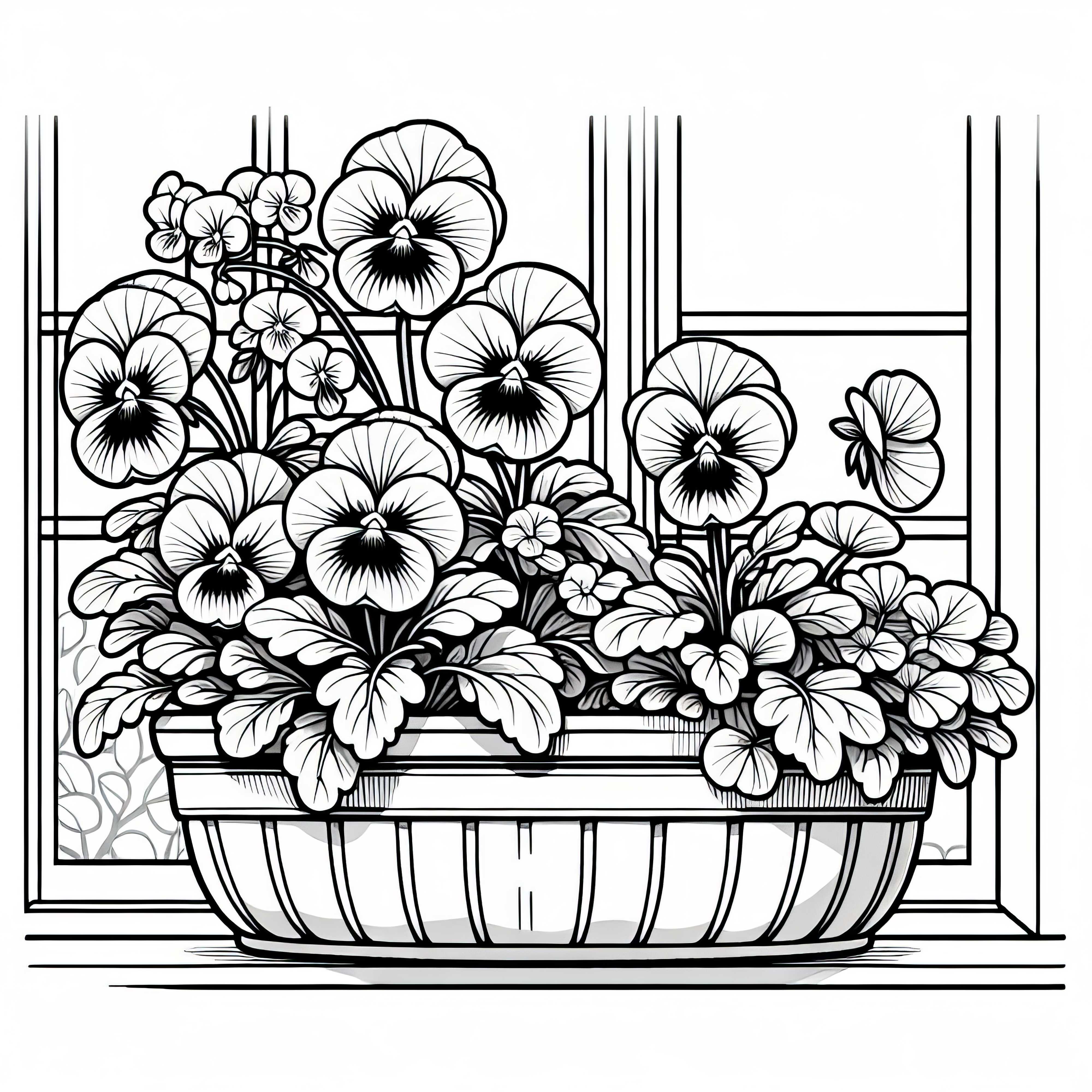 Several flowers: Pansies bloom in the planter at the window - free coloring page