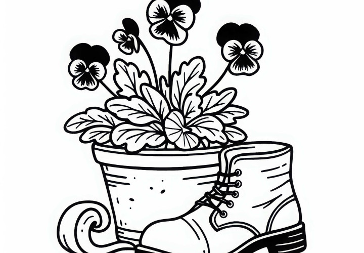 Pansies in a pot next to gardening shoes - Free coloring page
