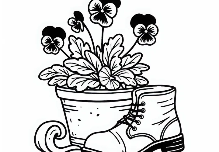 Pansies in a pot next to gardening shoes - Free coloring page