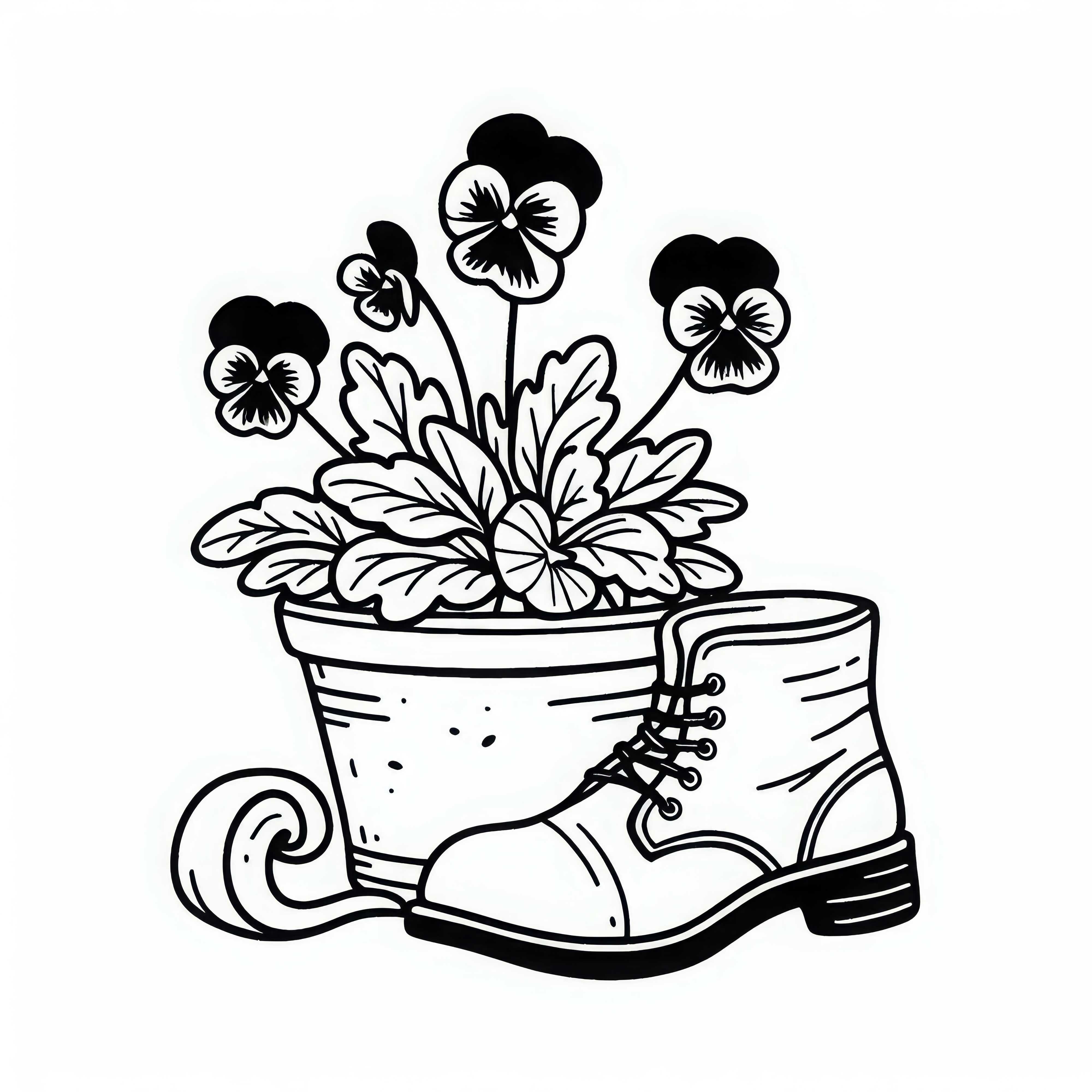 Pansies in a pot next to garden shoes – Free coloring page