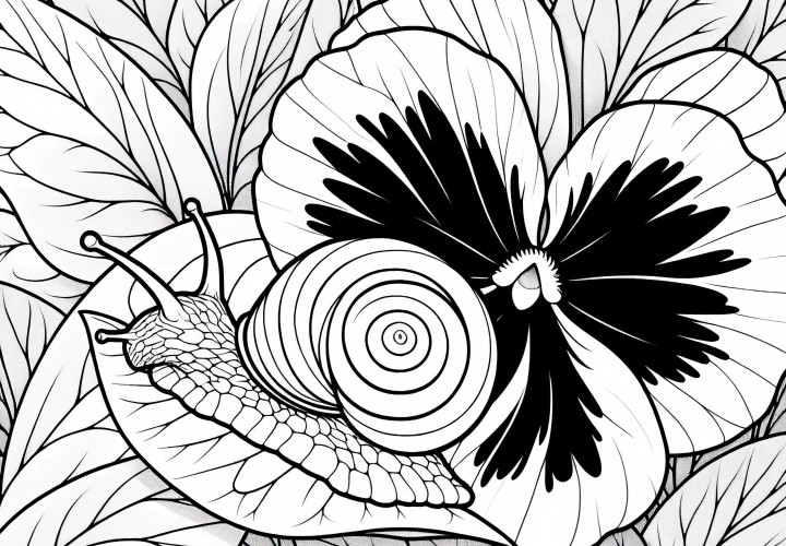 The snail crawls over the leaf of the flower pansy - Free coloring page