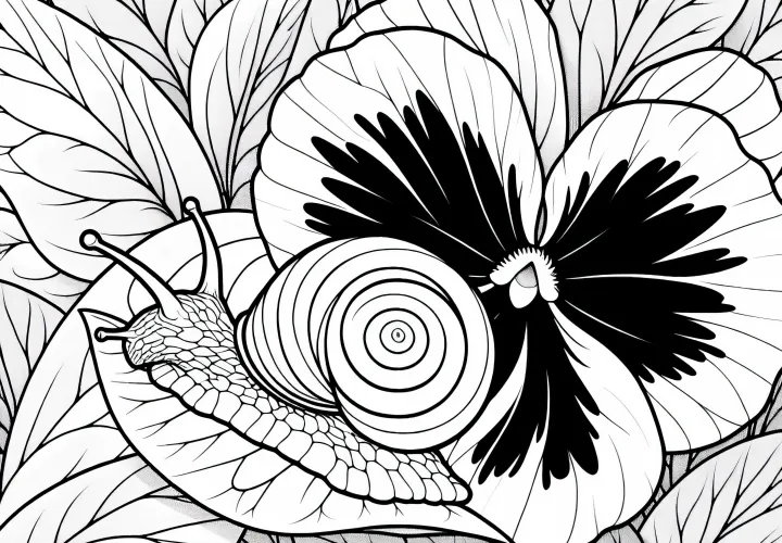 The snail crawls over the leaf of the flower pansy - Free coloring page