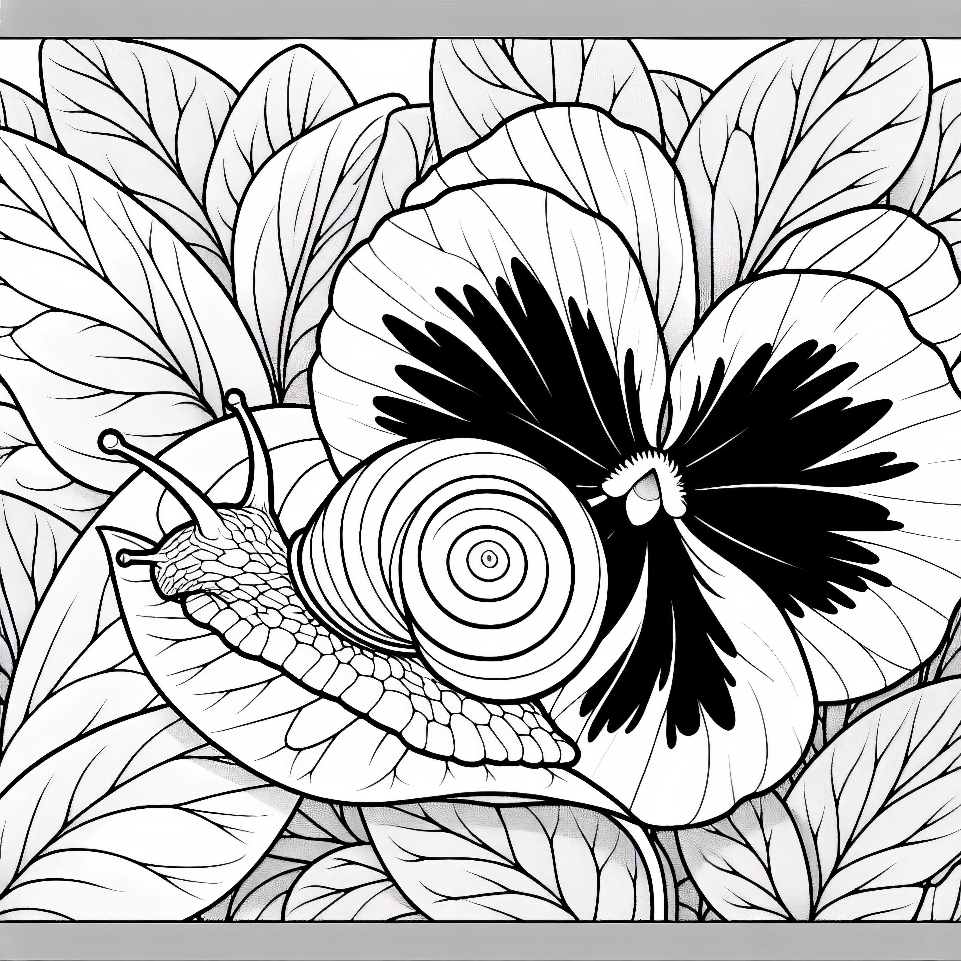 The snail crawls over the leaf of the flower pansy – free coloring page