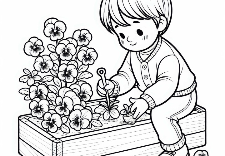 Child planting flower box with pansies - Coloring page for free download