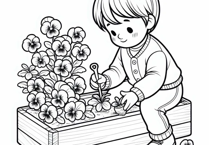 Child planting flower box with pansies - Coloring page for free download