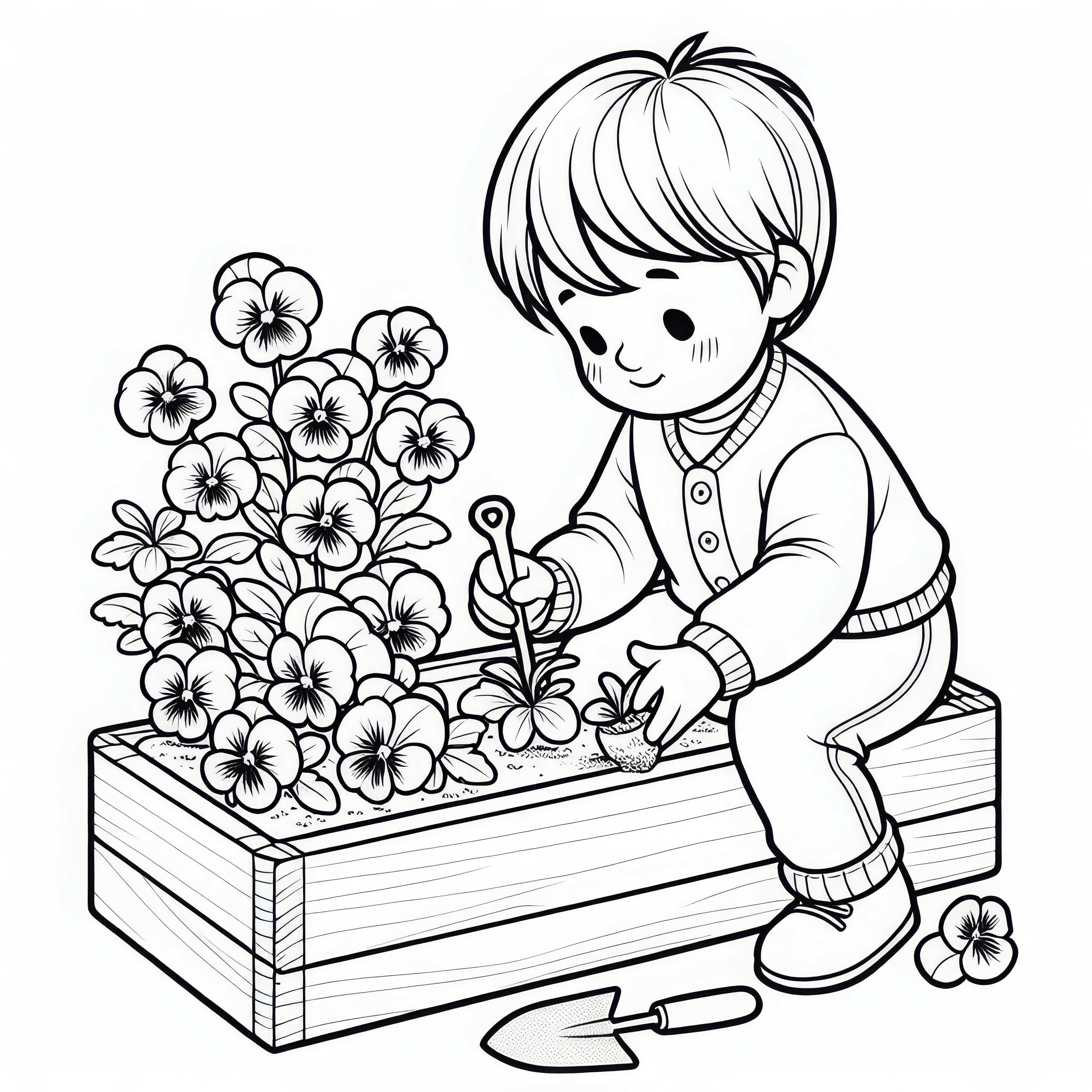 Kind bepflanzt Blumenkasten mit Stiefmütterchen – Ausmalbild zum Gratis-Download