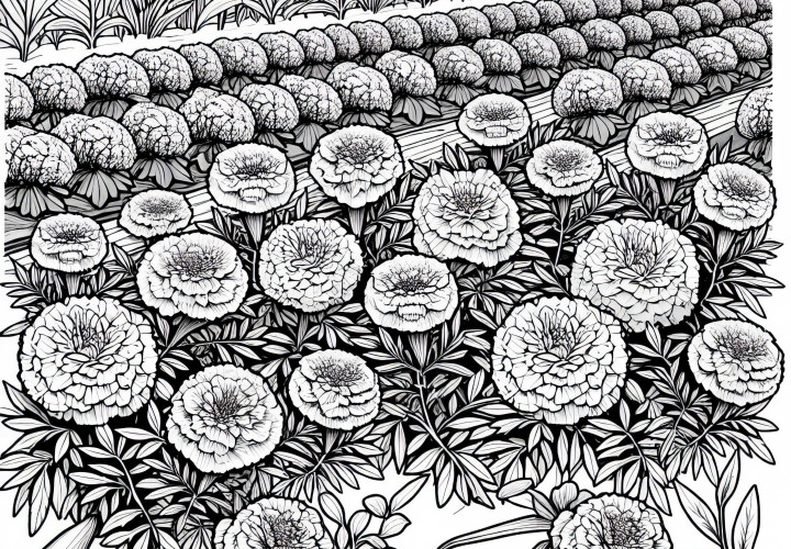 複数の花の塗り絵 - マリーゴールドの塗り絵を無料でダウンロード