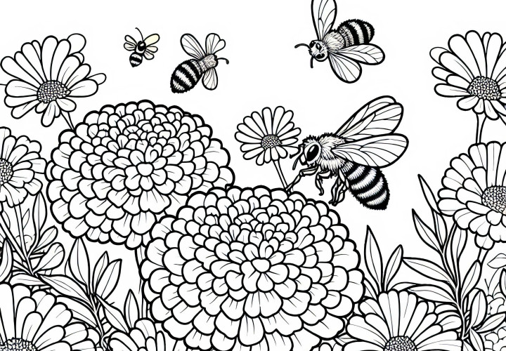 花の上の蜜蜂：マリーゴールドの塗り絵テンプレートを塗りつけてダウンロード