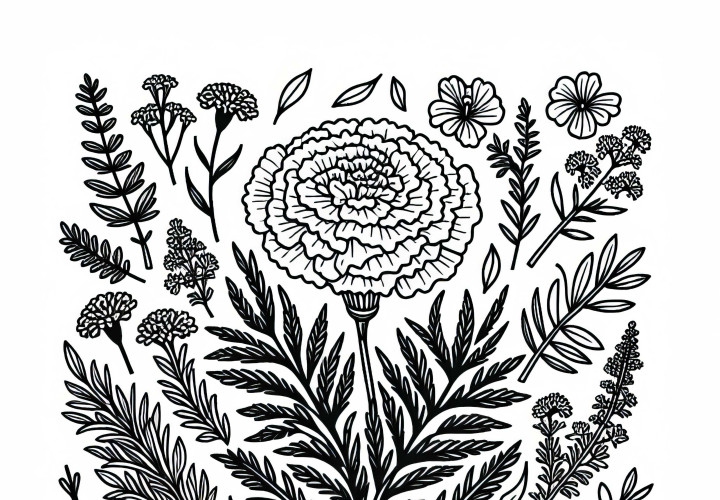 ハーブの間にあるマリーゴールドの塗り絵 - 無料ダウンロード