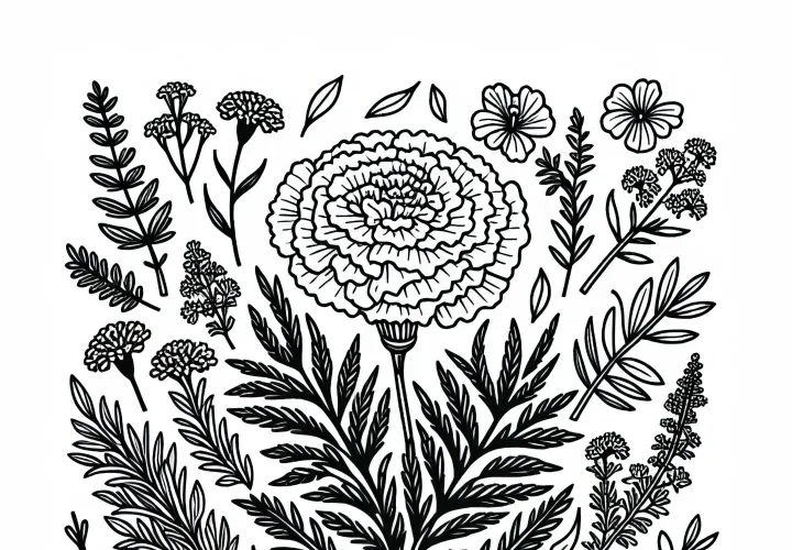 Omalovánka s měsíčkem mezi bylinkami – Bezplatné stažení