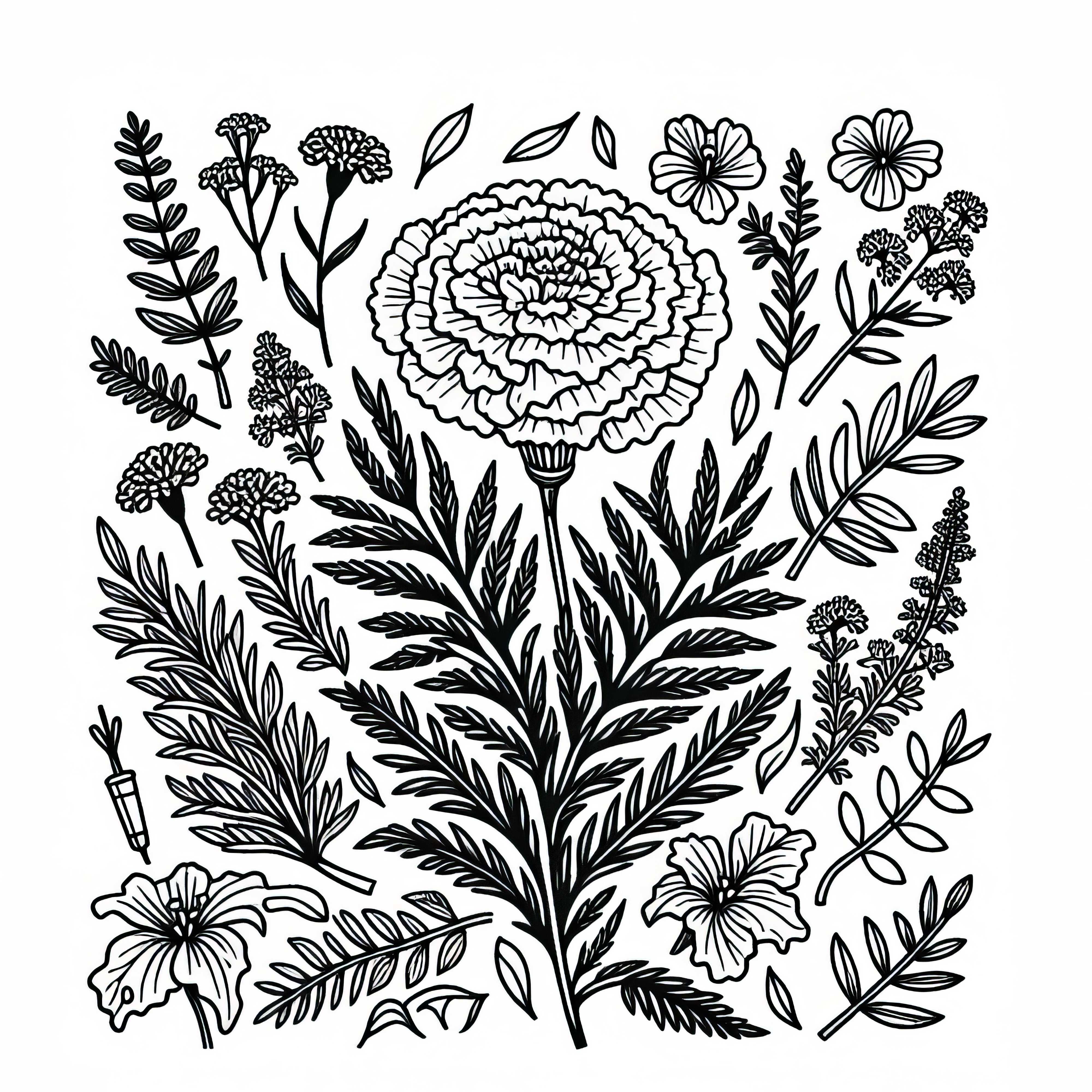 ハーブの間にあるマリーゴールドの塗り絵 - 無料ダウンロード