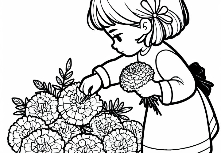 子供が花を摘む – マリーゴールドの塗り絵 無料