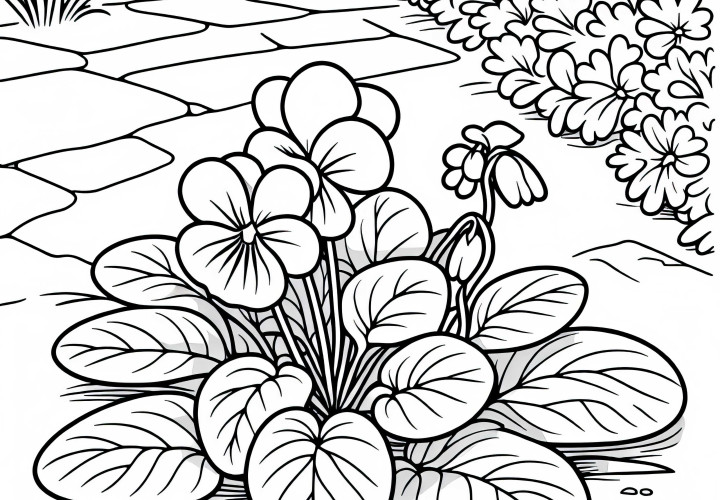 Veilchen wachsen am Rand des Weges - Kostenloses Ausmalbild