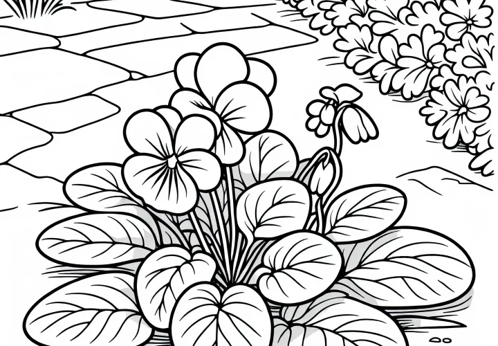 Fialky rostou na okraji cesty - Kčs zdarma ke kolorování