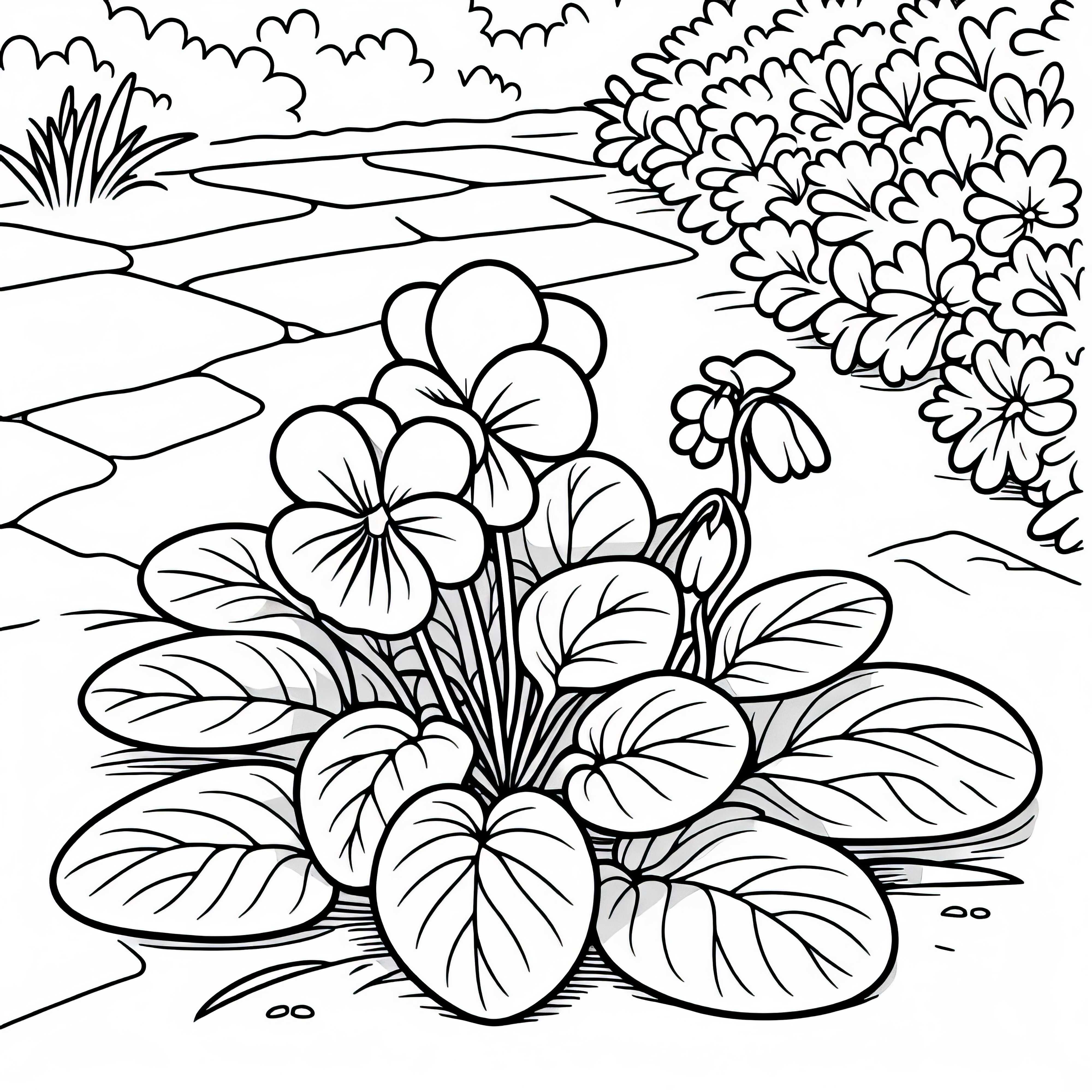 Veilchen wachsen am Rand des Weges - Kostenloses Ausmalbild