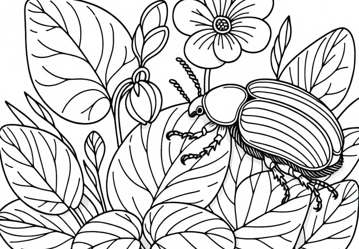 Käfer krabbelt über Blätter der Blume Veilchen – Malvorlage kostenlos