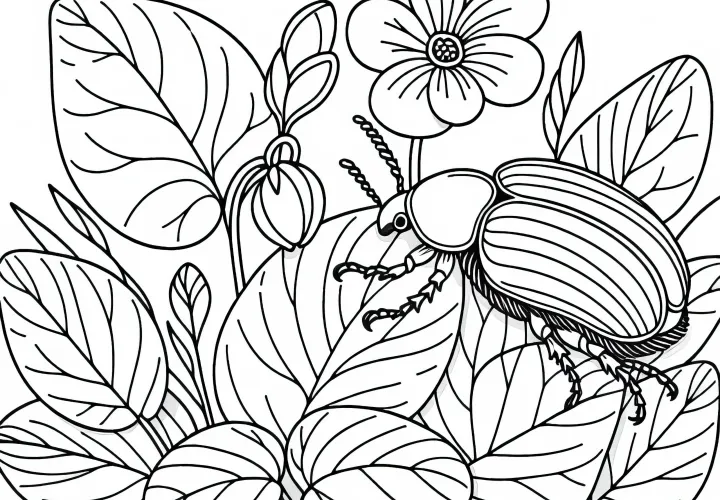 Brouček leze přes listy květu fialky – omalovánka zdarma