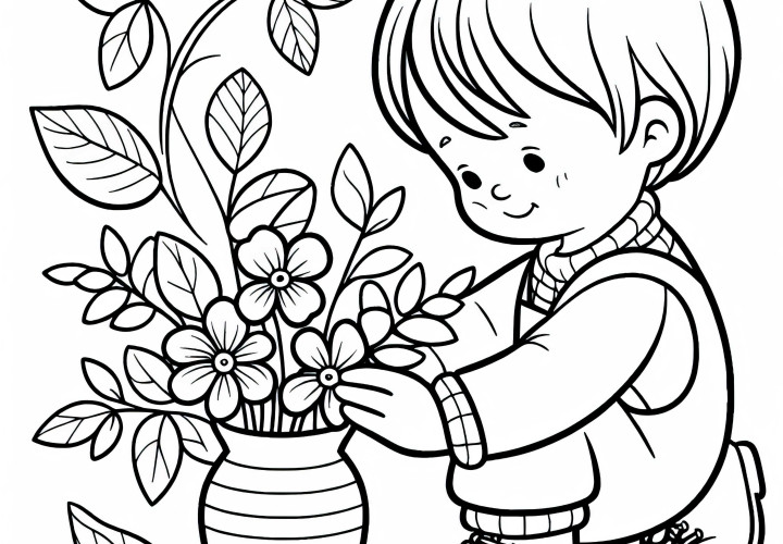 Kind steckt Veilchen in Vase – Malvorlage kostenlos
