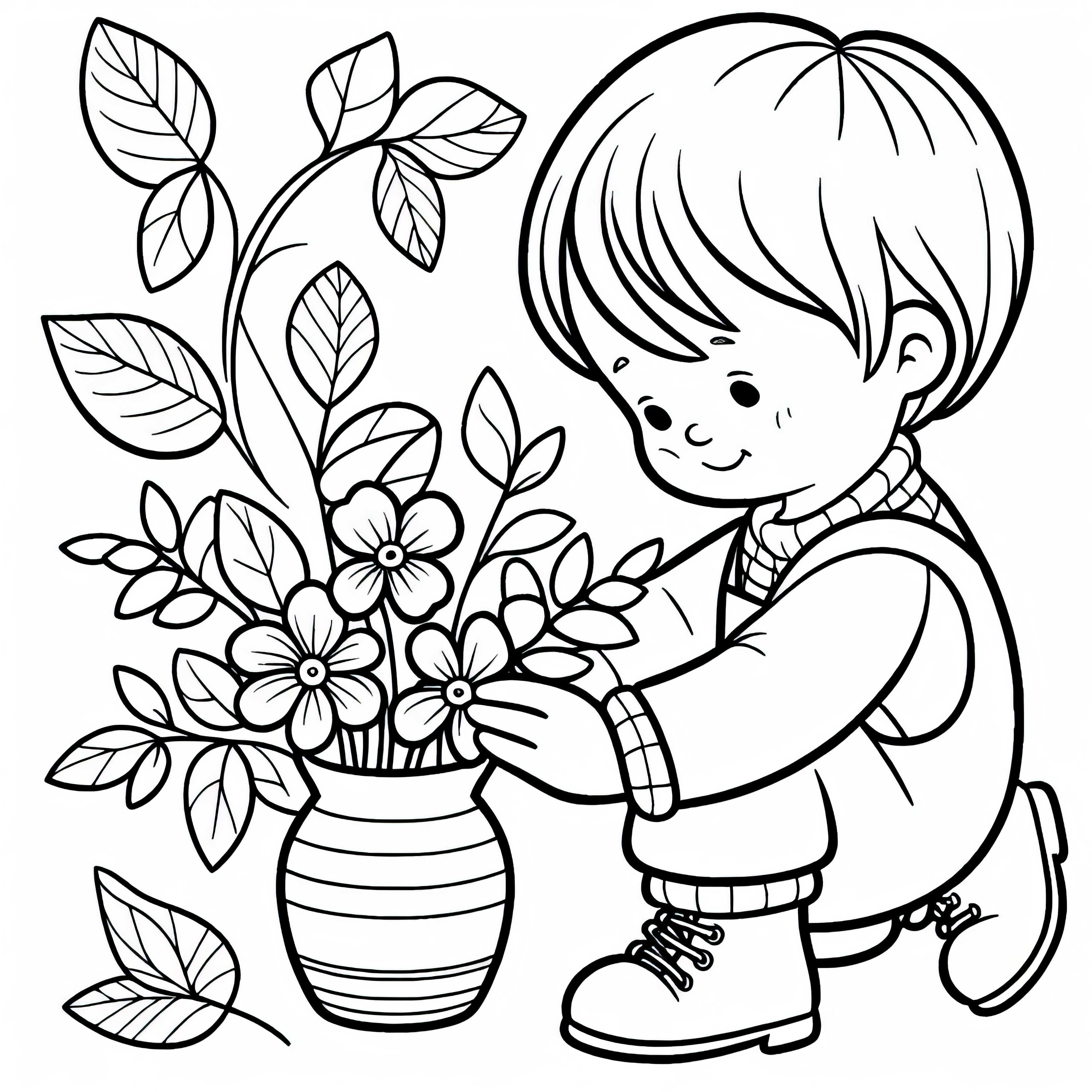 Kind steckt Veilchen in Vase – Malvorlage kostenlos