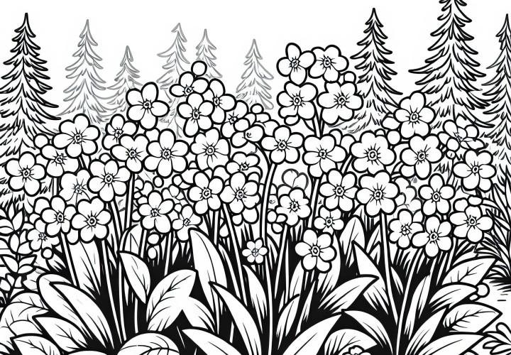Mehrere Blumen mit Vergissmeinnicht Bedecken eine Lichtung im Frühlingswald – Malvorlage Kostenlos