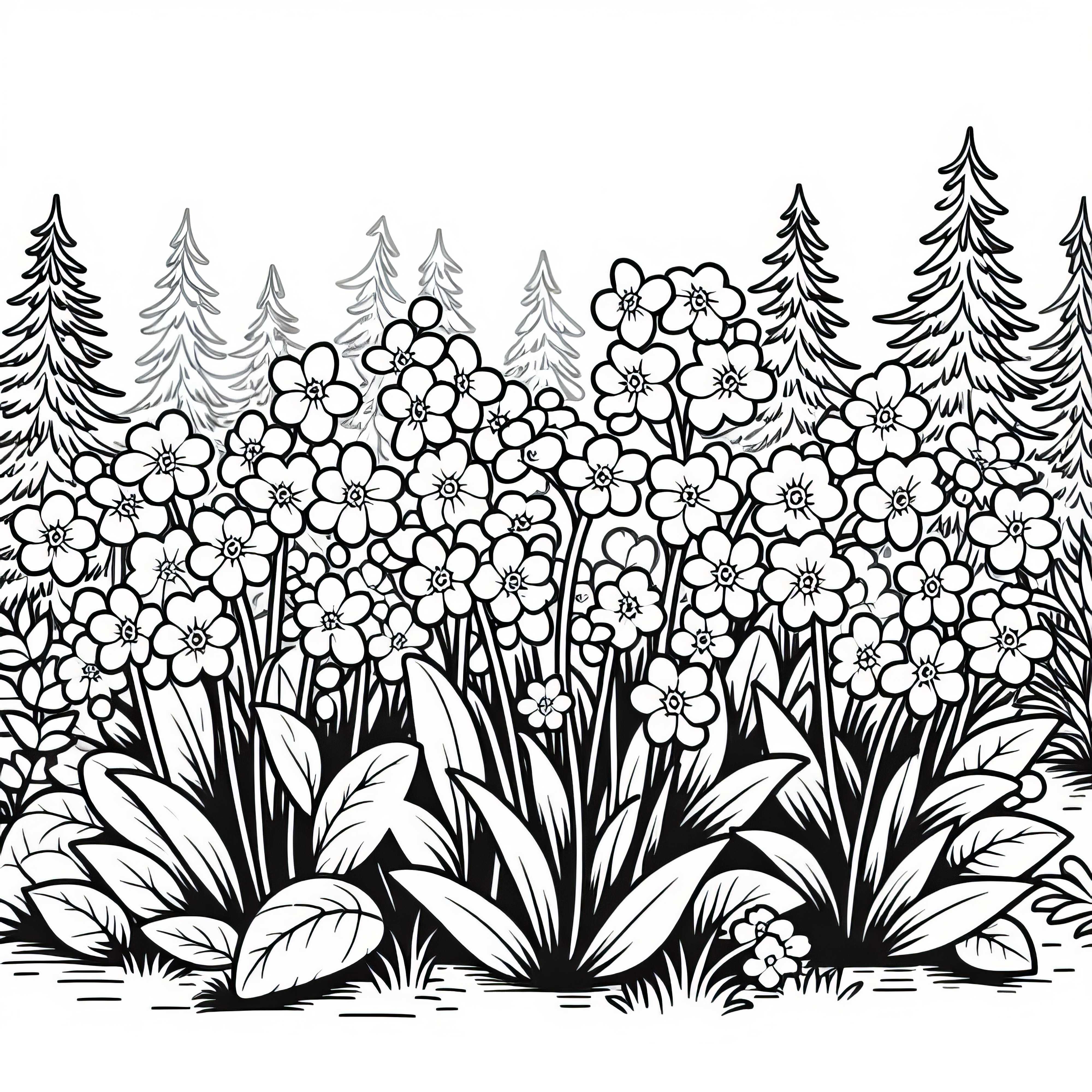 Mehrere Blumen mit Vergissmeinnicht Bedecken eine Lichtung im Frühlingswald – Malvorlage Kostenlos