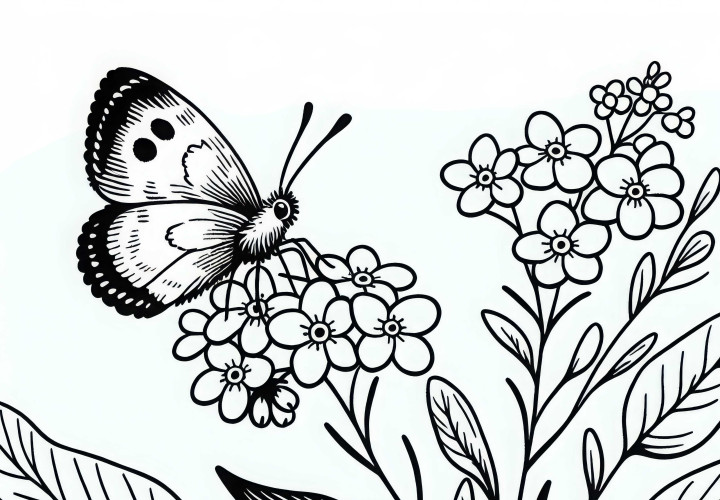 Schmetterling landet auf Blume – Vergissmeinnicht Malvorlage kostenlos herunterladen