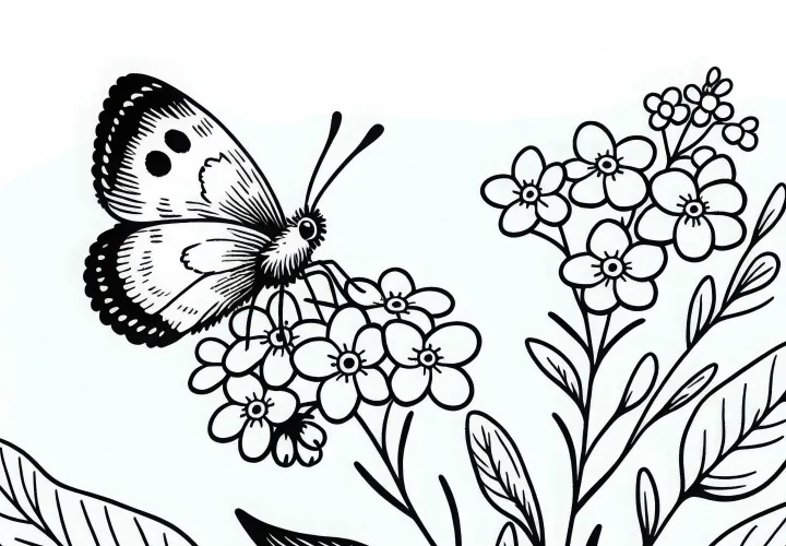 Motýl přistává na květině – Stáhněte si zdarma omalovánku nezapomeňme