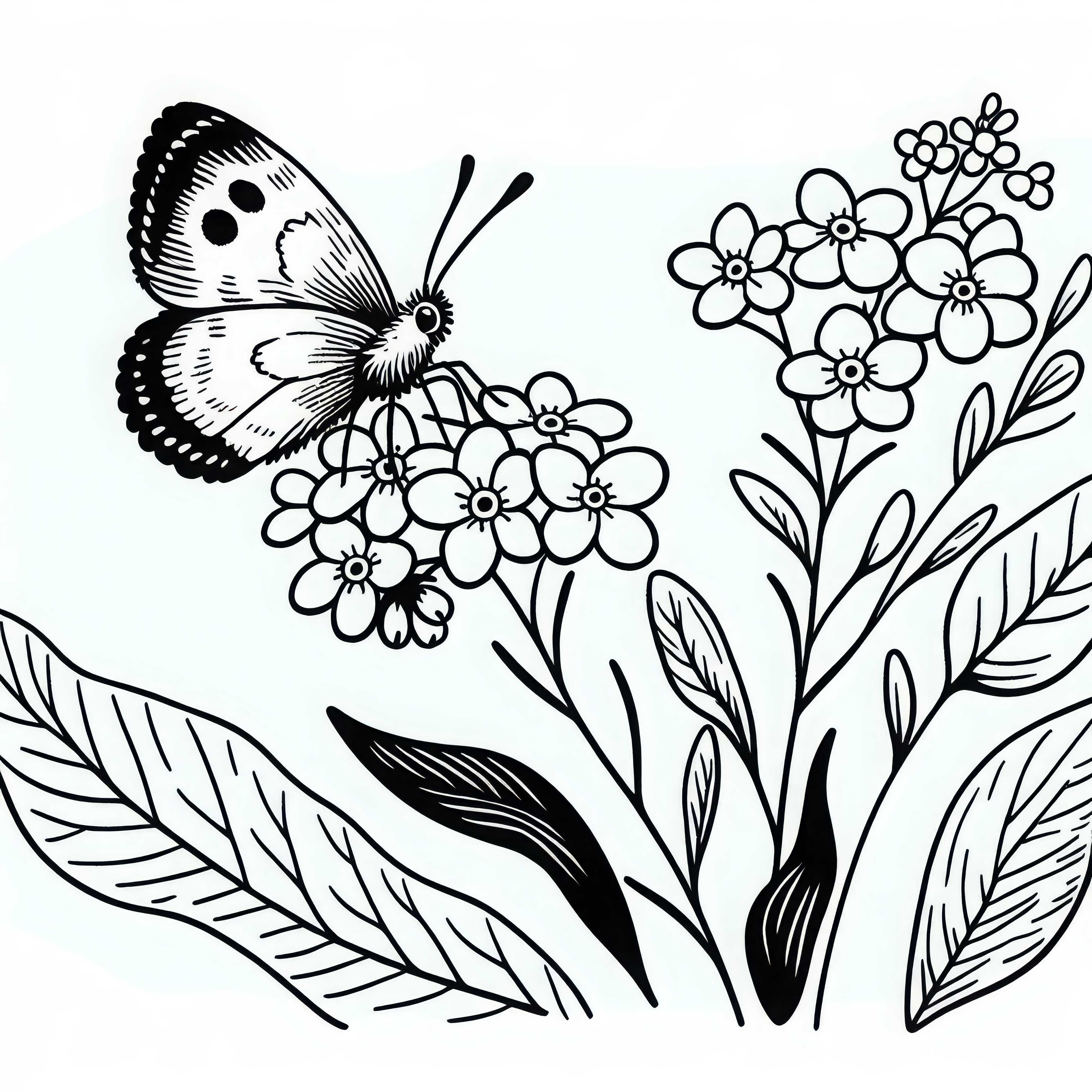 Schmetterling landet auf Blume – Vergissmeinnicht Malvorlage kostenlos herunterladen