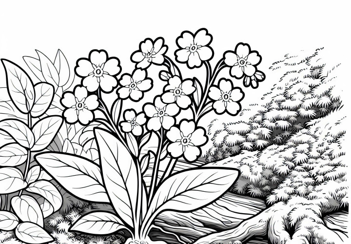 Vergissmeinnicht auf Waldboden – Ausmalbild gratis zum Download