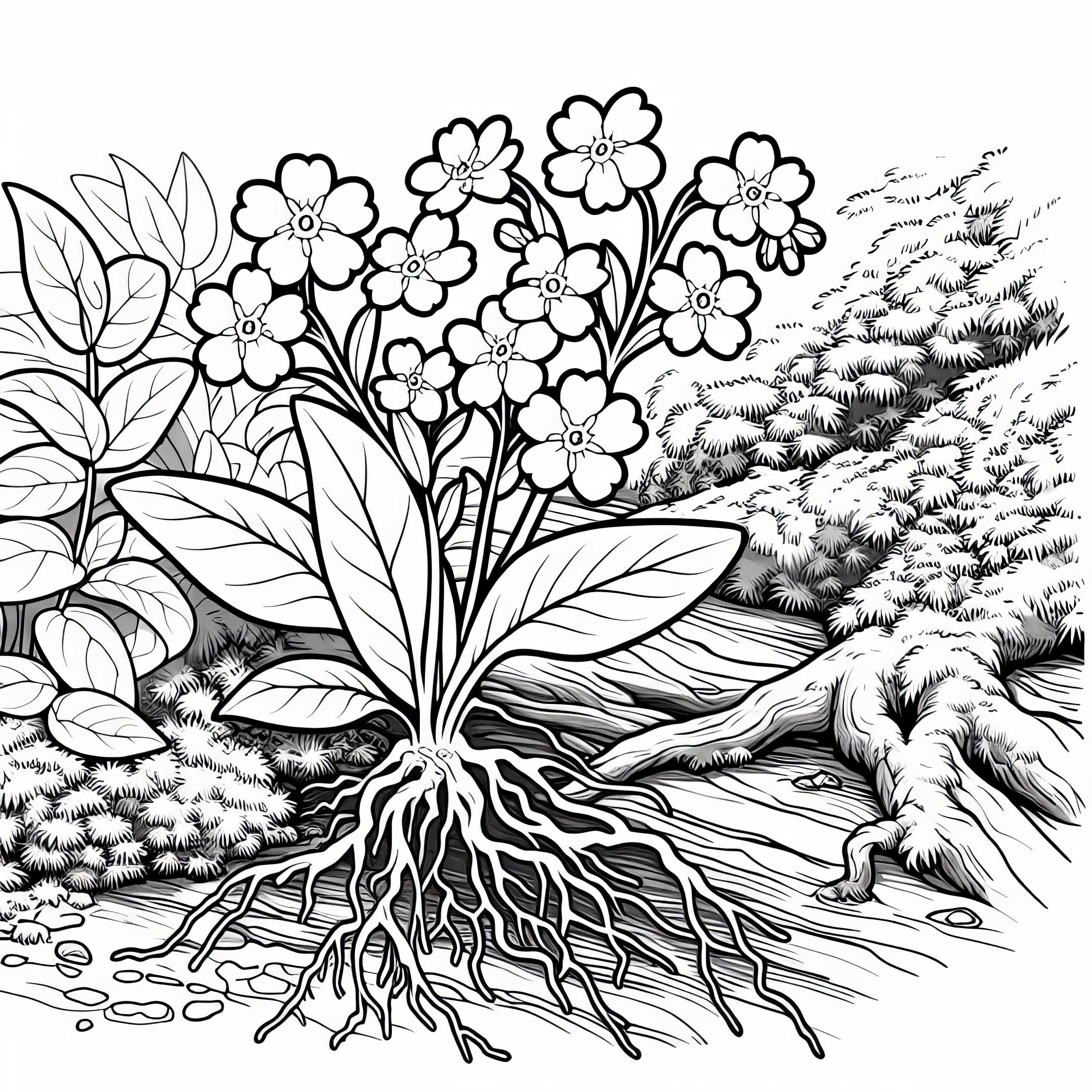 Vergissmeinnicht auf Waldboden – Ausmalbild gratis zum Download