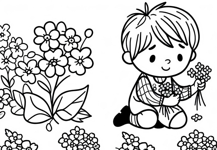 Kind pflückt Blumen – Vergissmeinnicht Malvorlage kostenlos