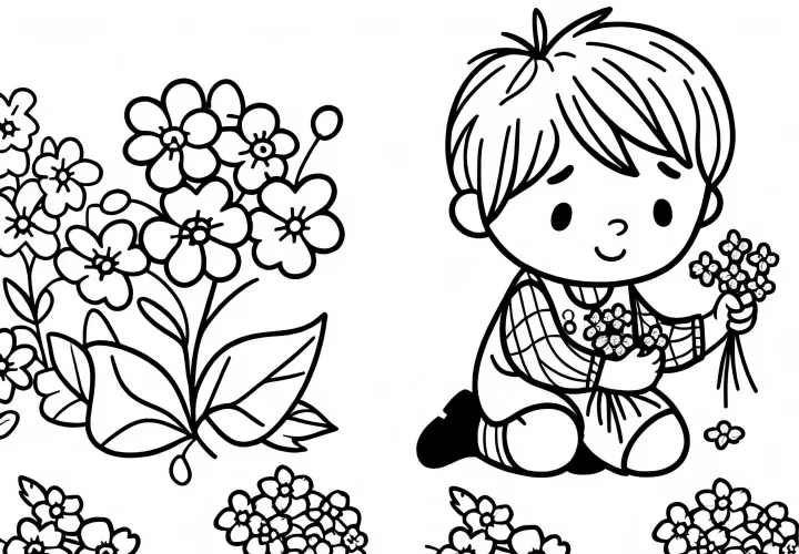 Dítě sbírá květiny – Předloha na malování nezapomeň na mě zdarma