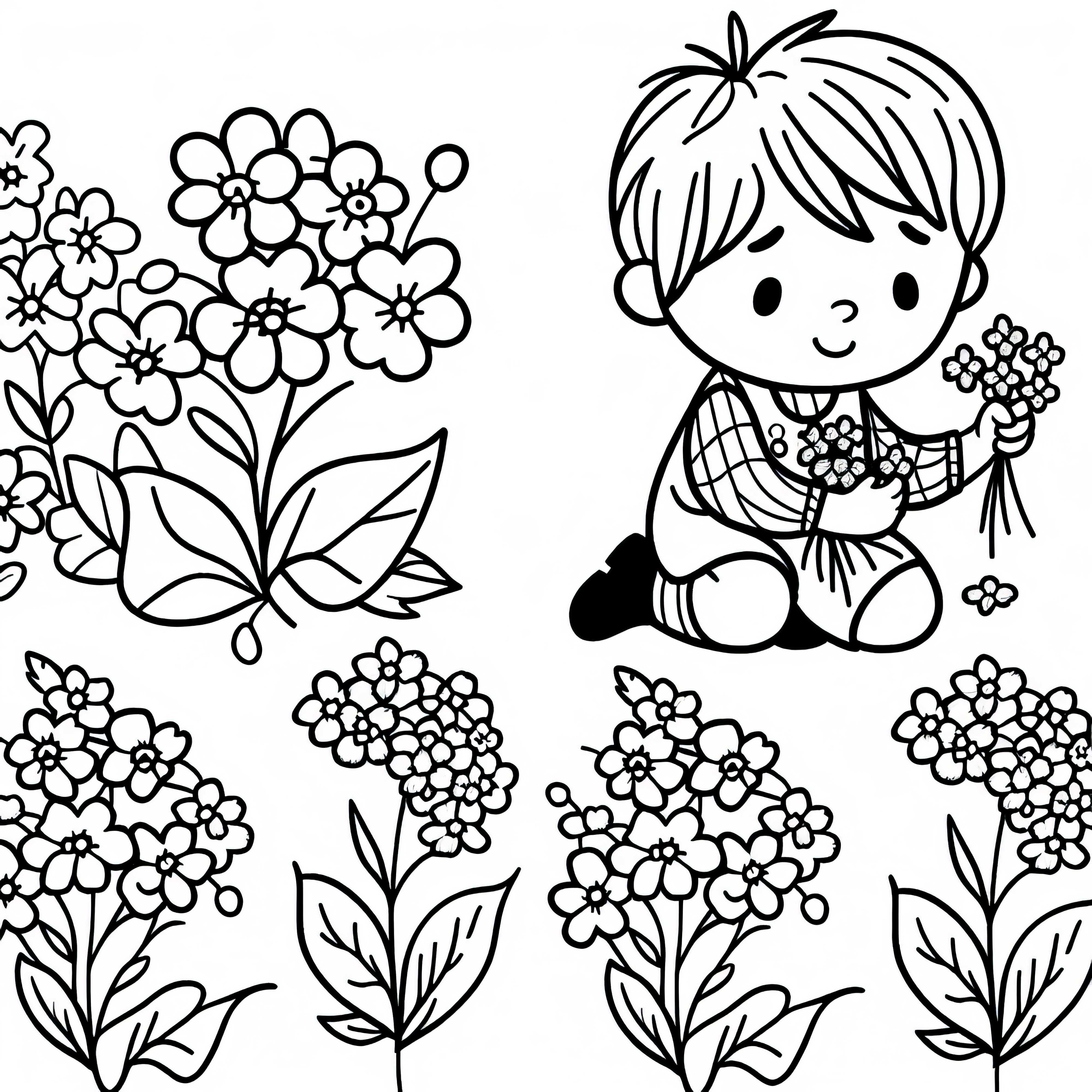 Kind pflückt Blumen – Vergissmeinnicht Malvorlage kostenlos