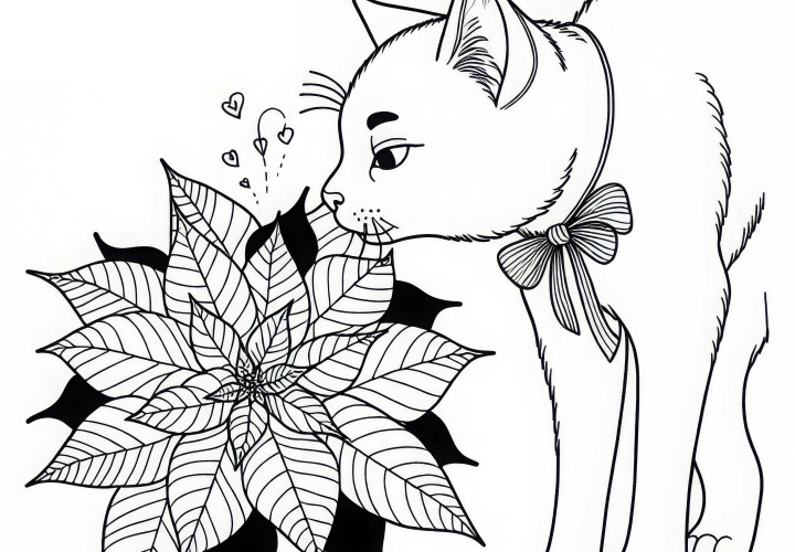 Katze schnuppert an Blume Weihnachtsstern Malvorlage kostenlos