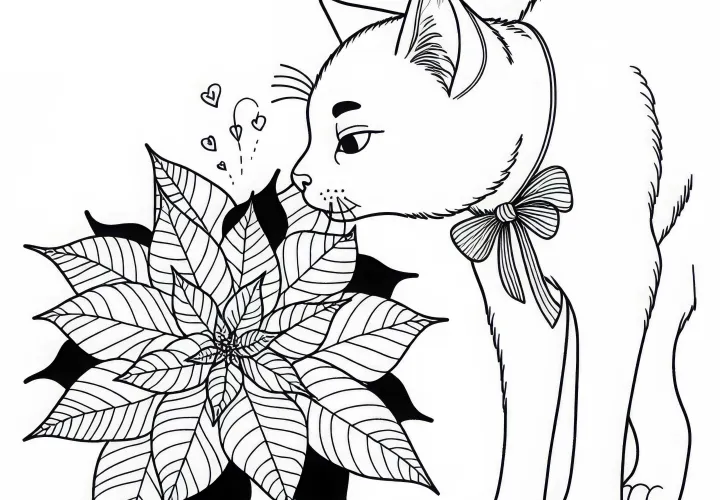 Kočka čichá k vánoční hvězdě - omalovánka zdarma