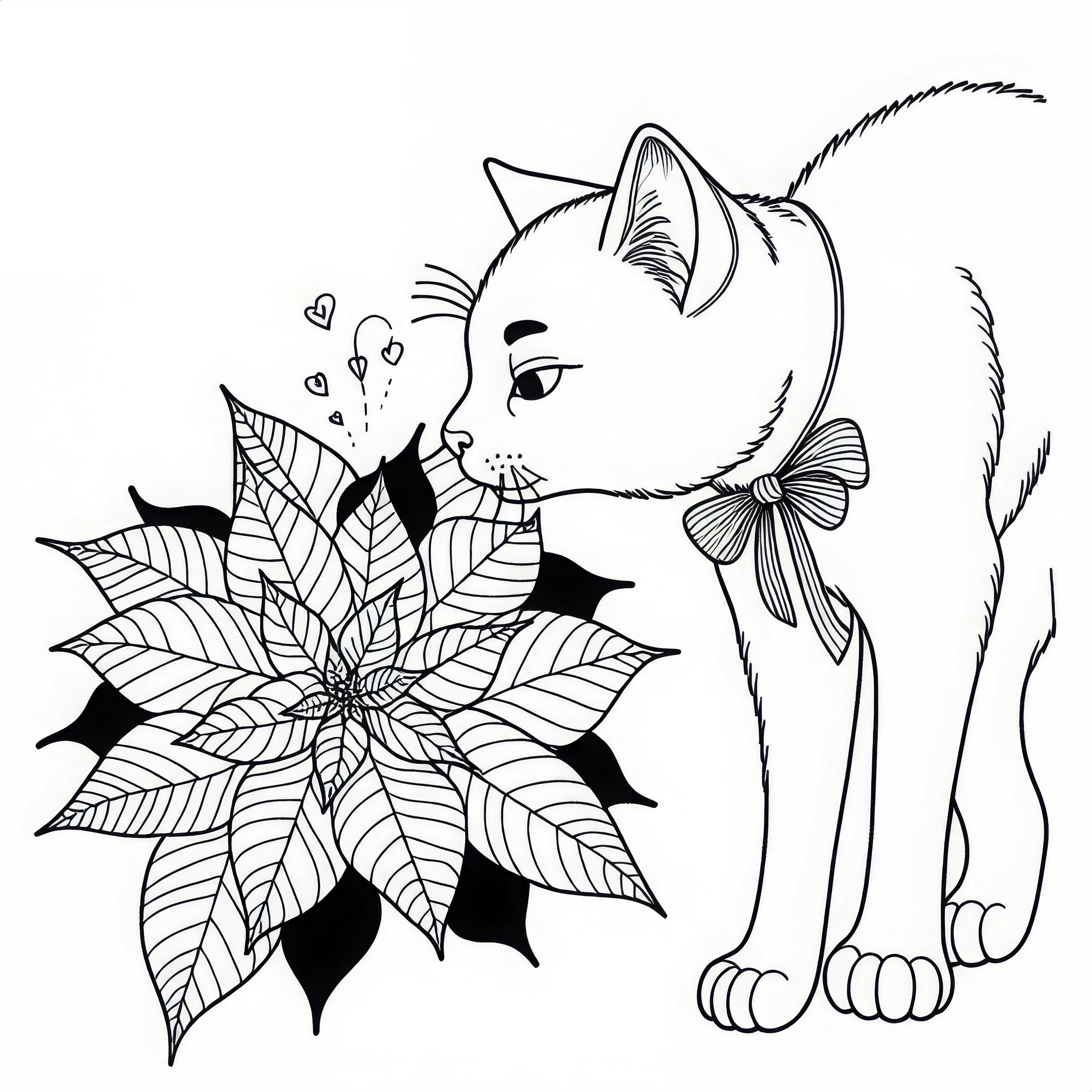 Katze schnuppert an Blume Weihnachtsstern Malvorlage kostenlos