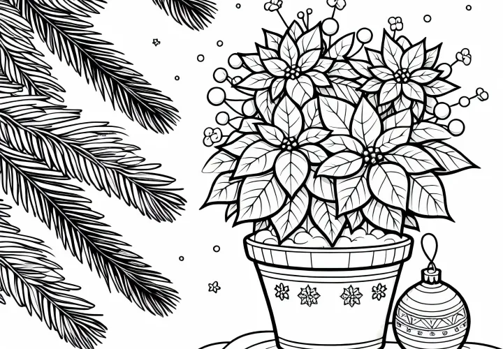 Květina vánoční hvězda v slavnostním květináči vedle jedlových větviček - omalovánka zdarma