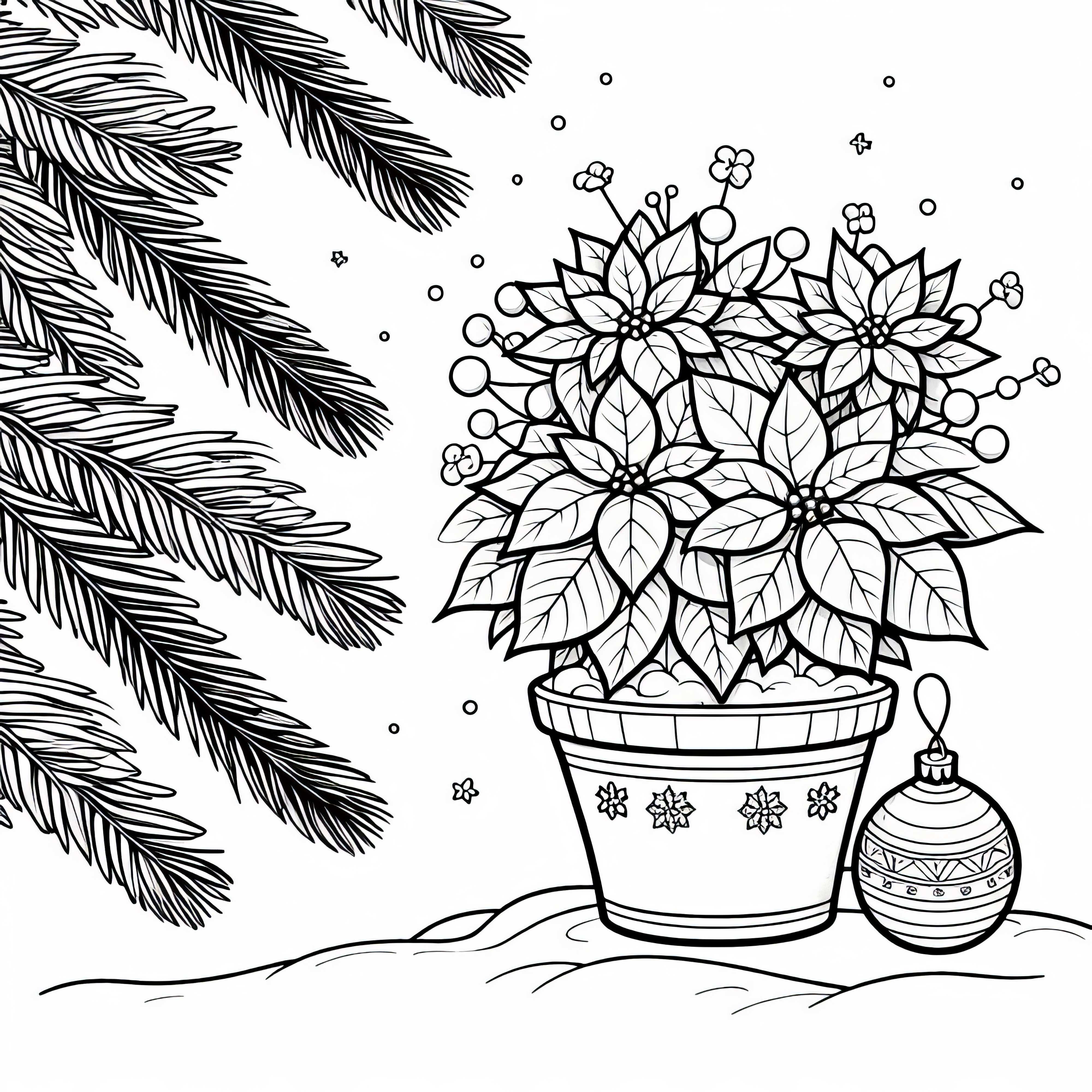 Blume Weihnachtsstern in festlichem Übertopf neben Tannenzweigen - Malvorlage kostenlos