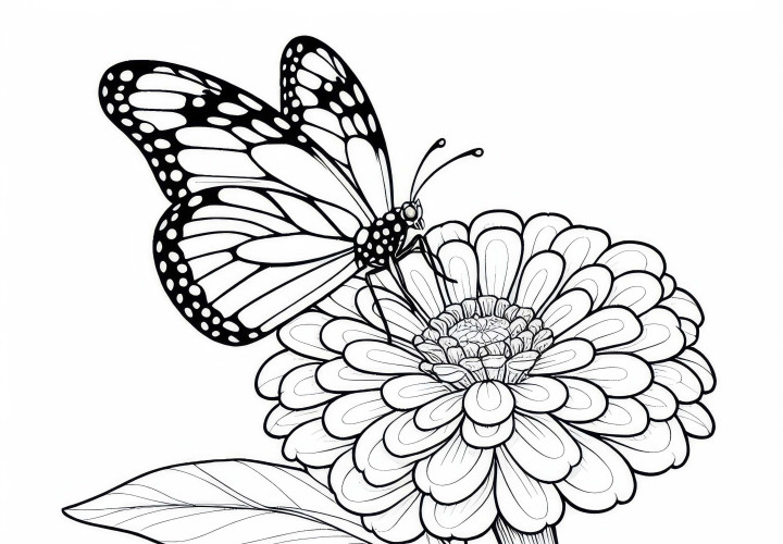 Butterfly sitting on flower Zinnia coloring page free