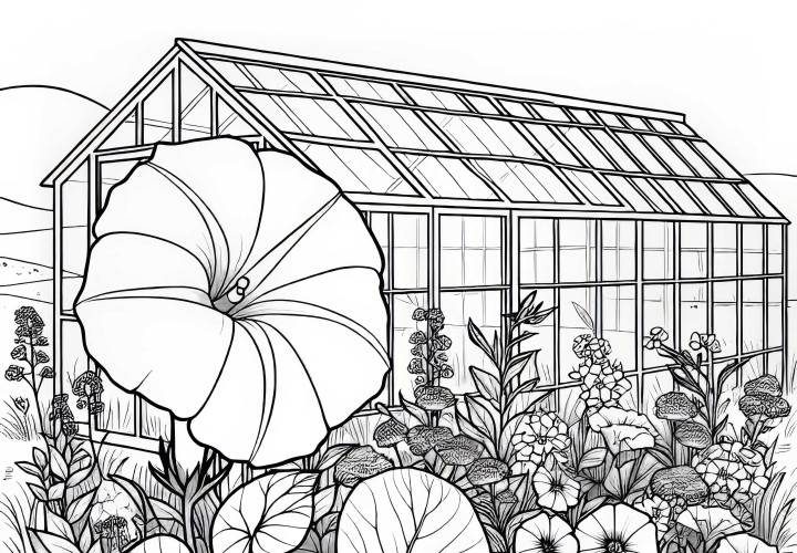Zinnia flower grows near a greenhouse as a free coloring page