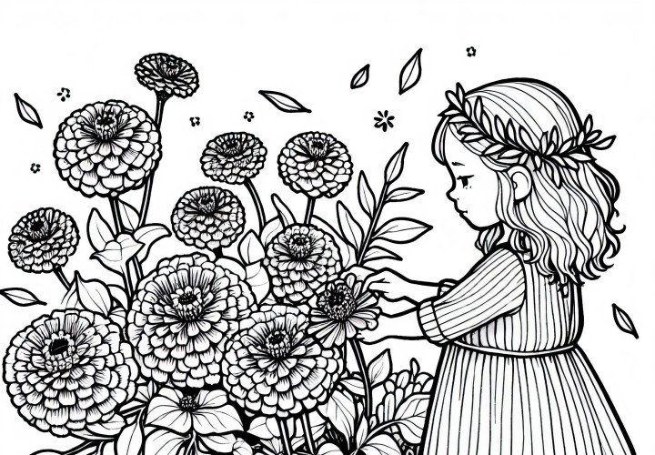 Child picks Zinnia flower - free coloring page